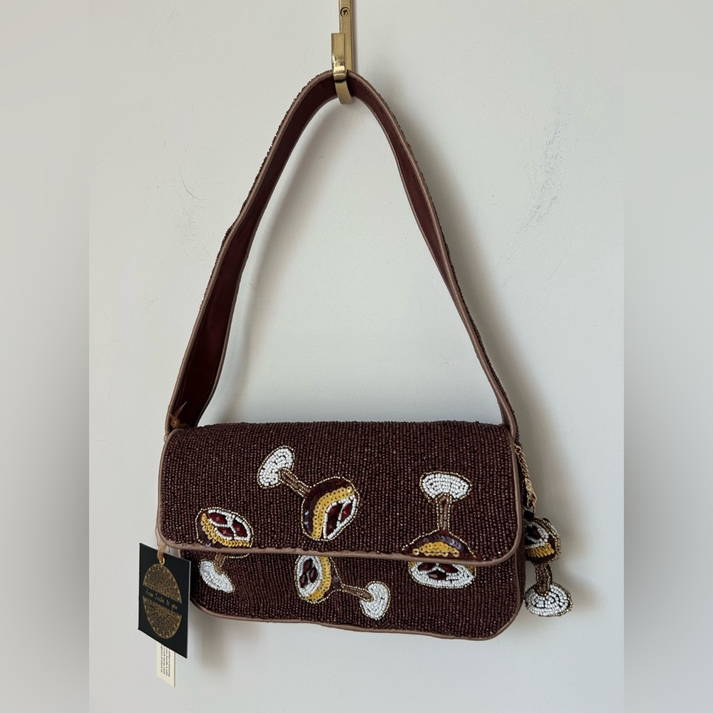 Beaded brown Espresso Martini Shoulder Bag with beaded bag charm